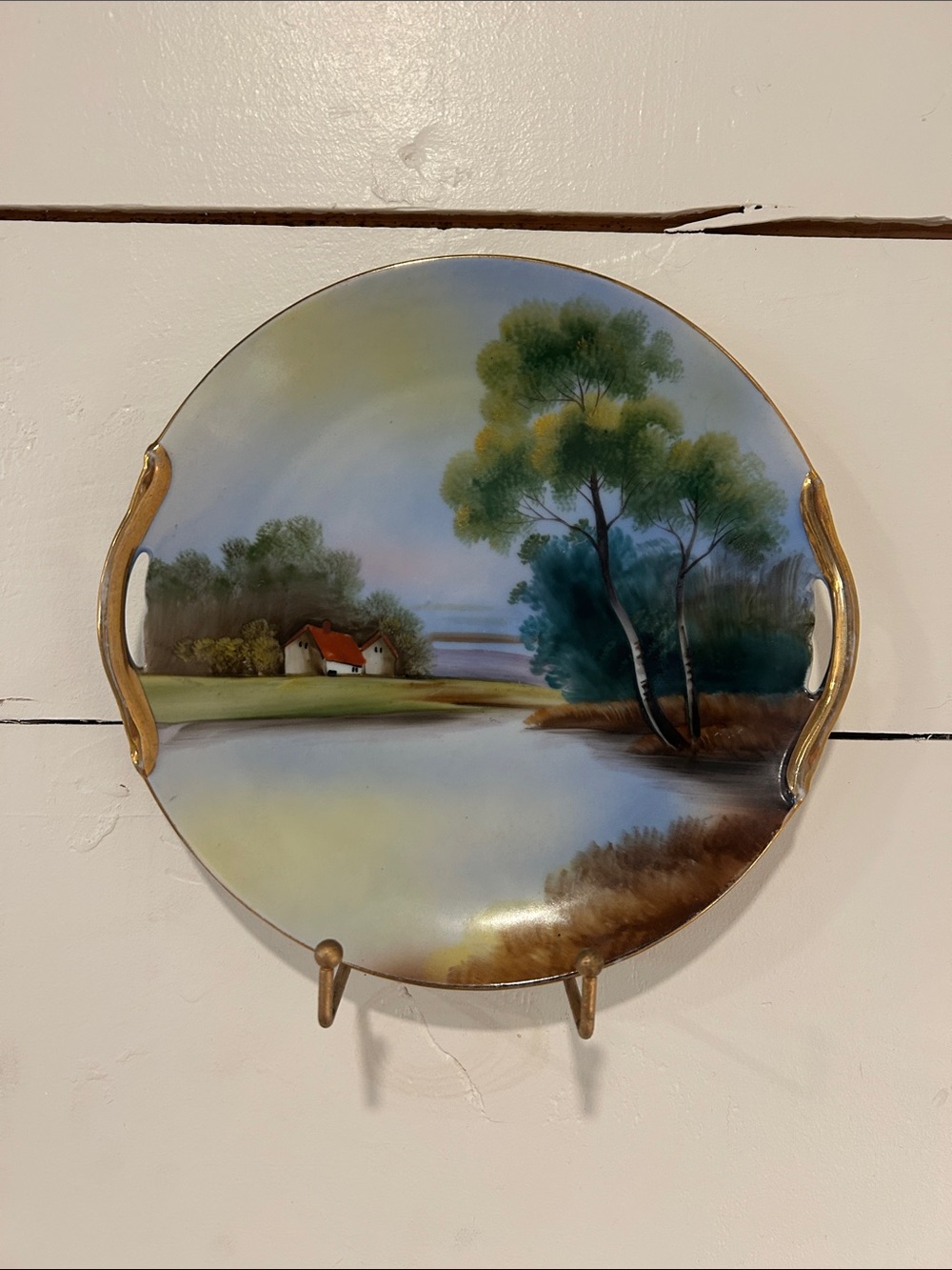 Vintage Noritake Hand-Painted Landscape Plate in Blue, Green and Brown